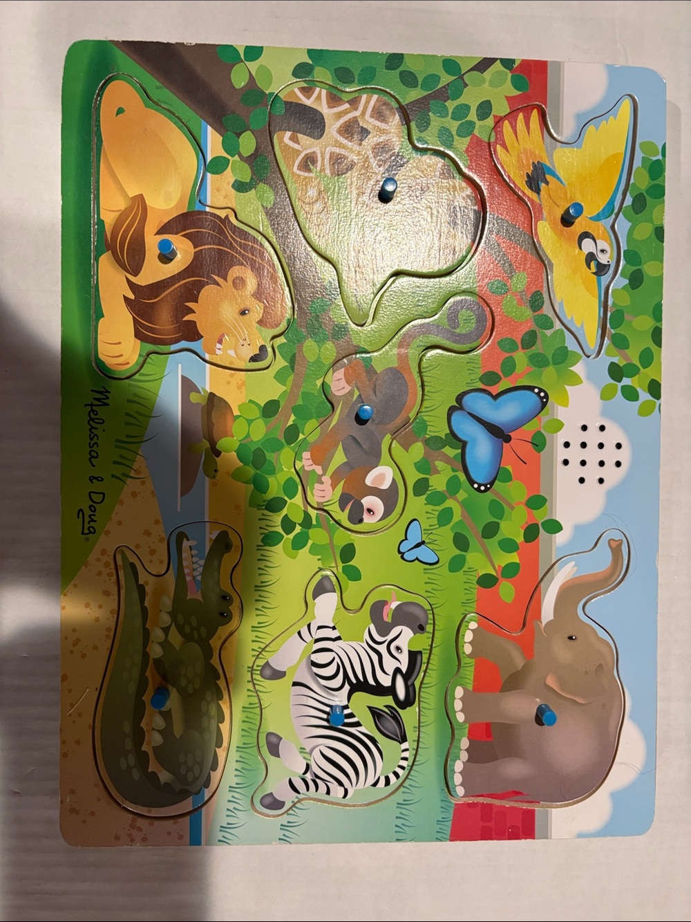 Melissa & Doug Wooden Jungle Animal Peg sound Puzzle - Green, Yellow, Blue, Brow
